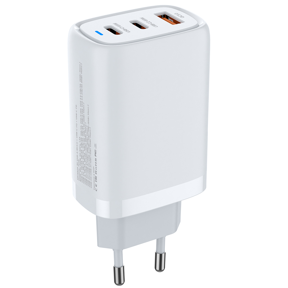 Сетевое зарядное устройство PERO TC23, GaN, USB-A QC 3.0 + USB-C PD + USB-C PD, 65W