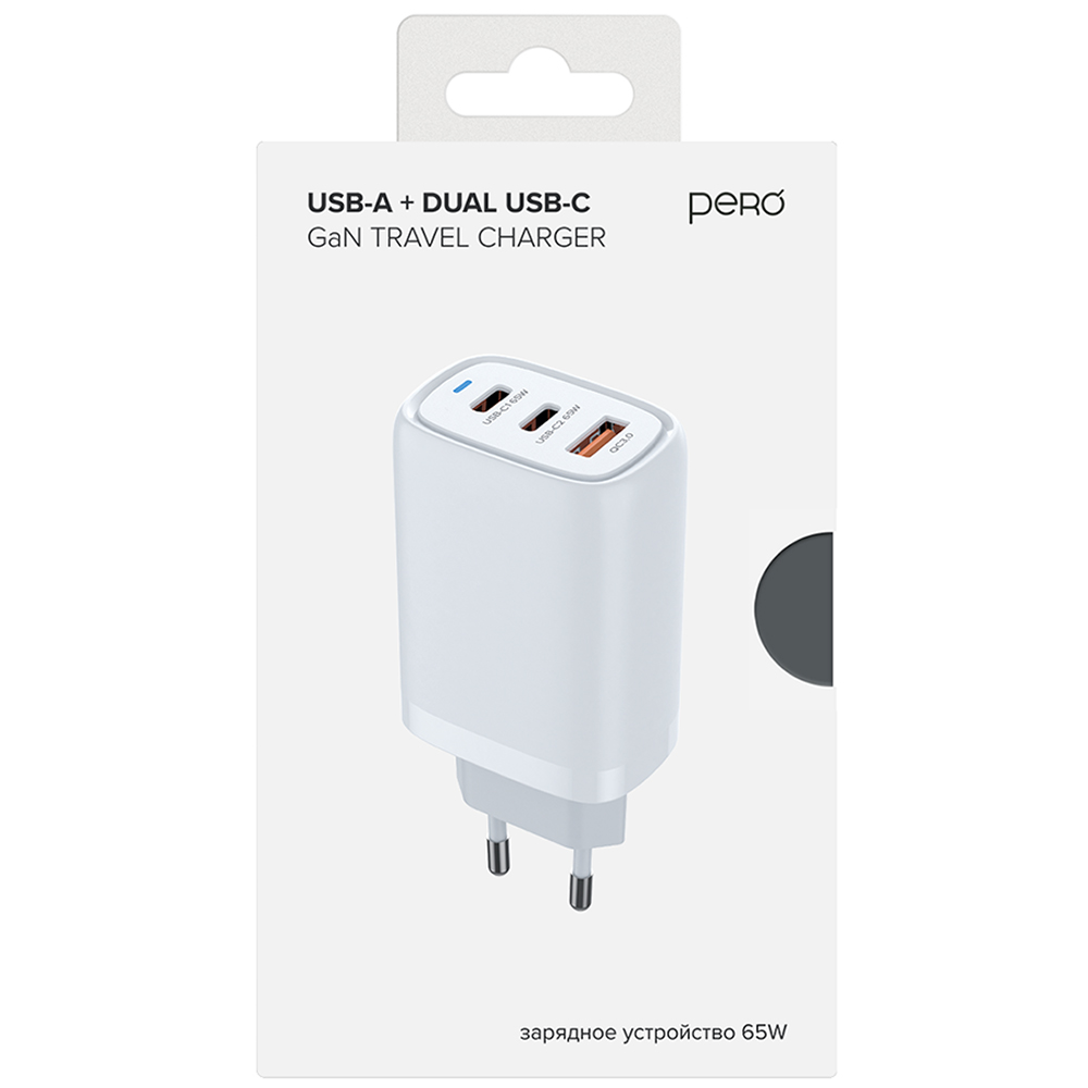 Сетевое зарядное устройство PERO TC23, GaN, USB-A QC 3.0 + USB-C PD + USB-C PD, 65W