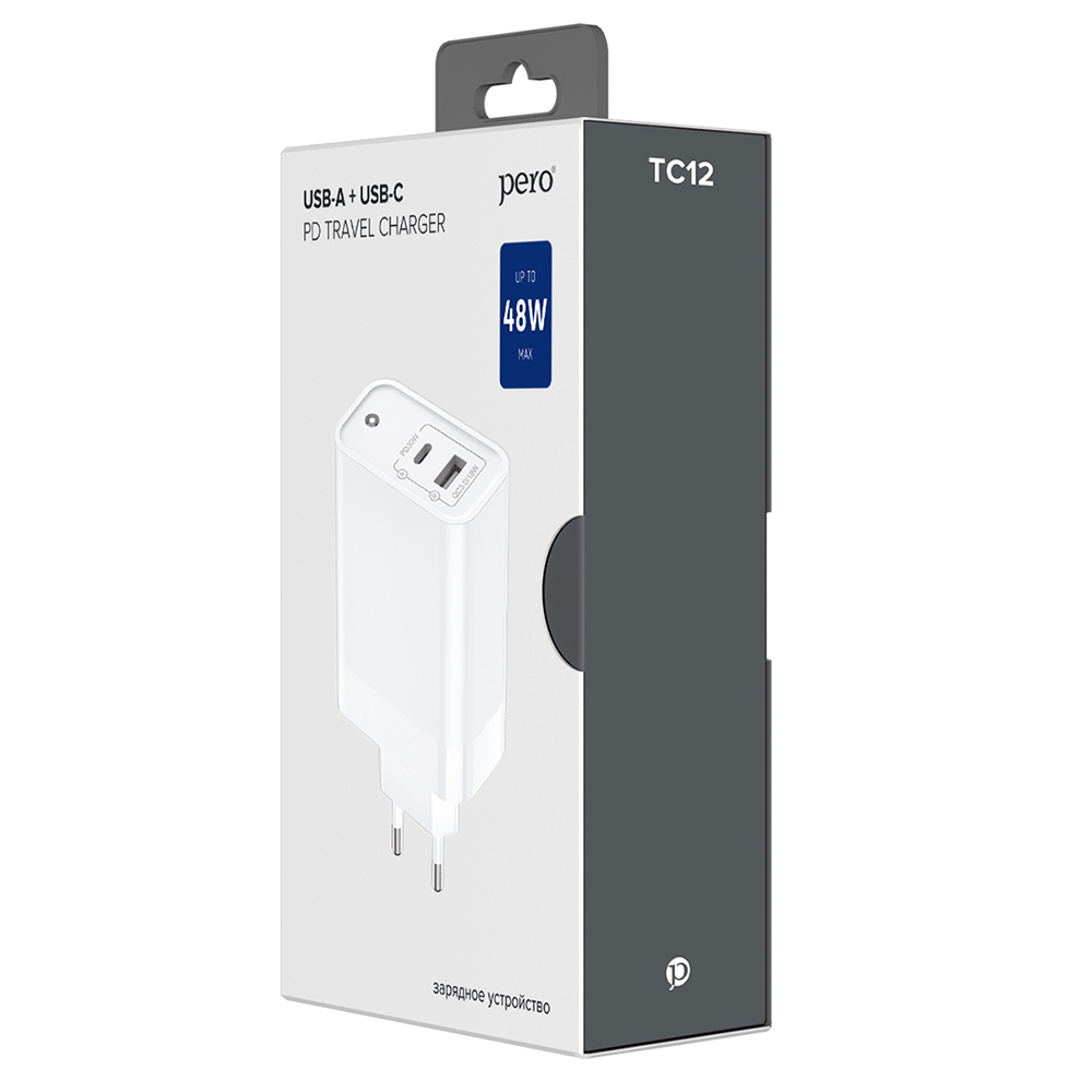 Сетевое зарядное устройство PERO TC12, USB-A QC3.0 + USB-C PD, 48W