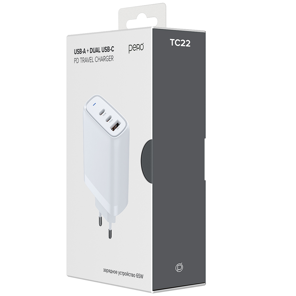 Сетевое зарядное устройство PERO TC22, USB-A QC 3.0 + USB-C PD + USB-C PD, 65W