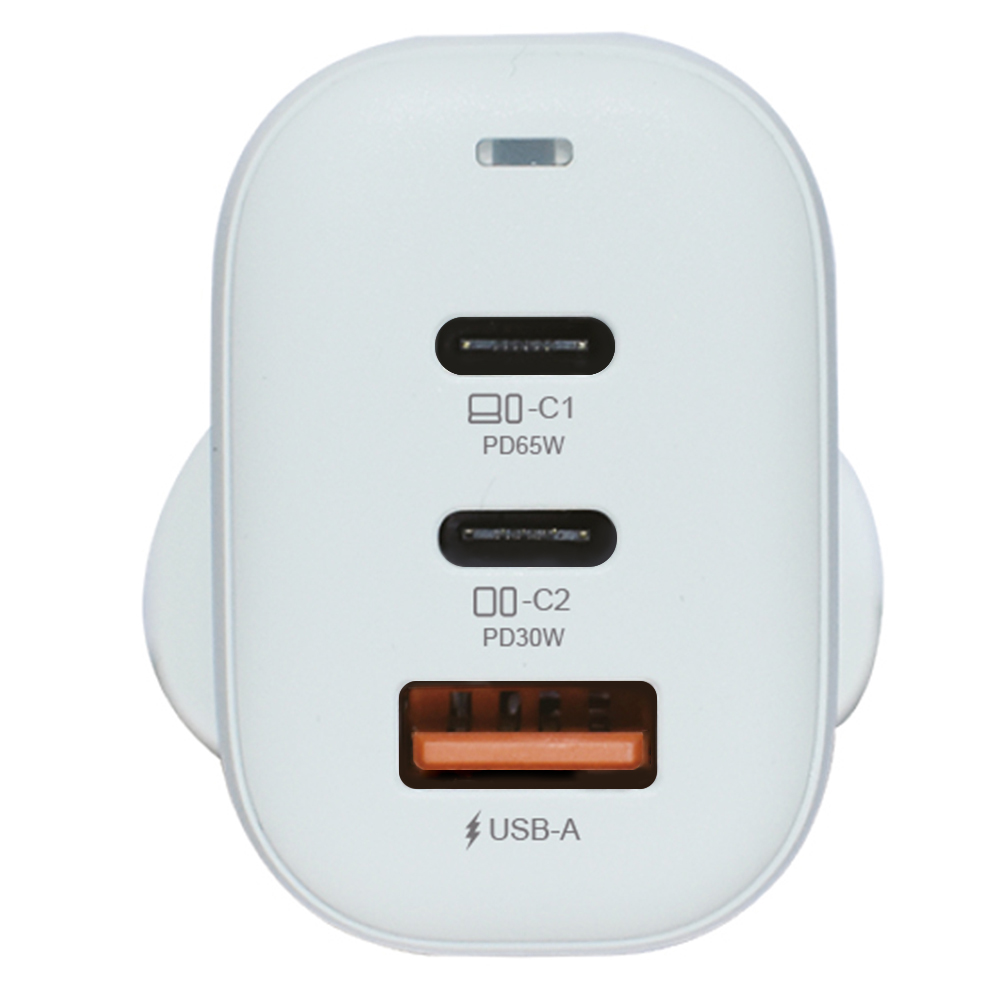 Сетевое зарядное устройство PERO TC06, GaN, 1 USB-A QC + 2 PD, 65W, LED-индикатор