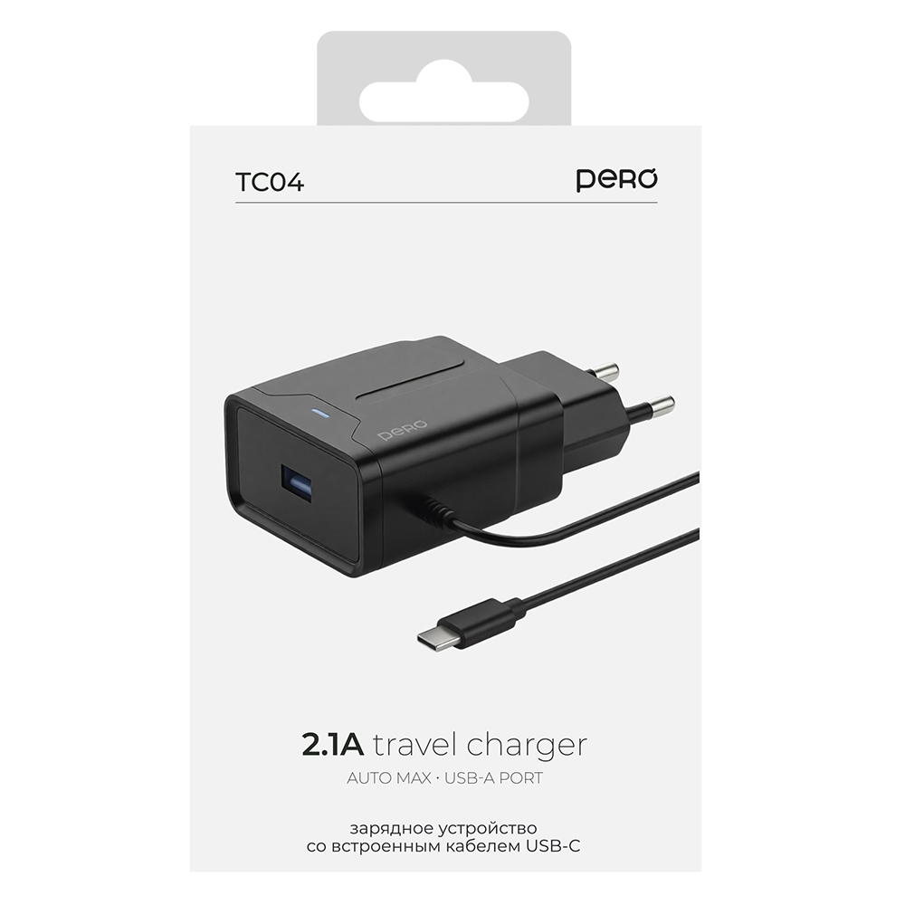Сетевое зарядное устройство PERO TC04 AUTO MAX, 1USB, 2.1А, с кабелем MicroUSB\Type-C