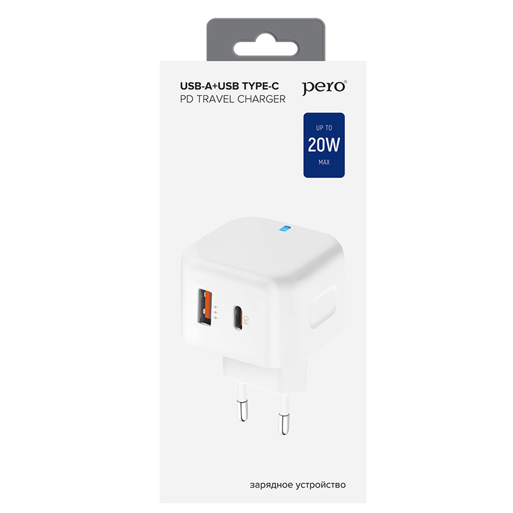 Сетевое зарядное устройство PERO TC10, USB-А + USB TYPE-C, PD 20W