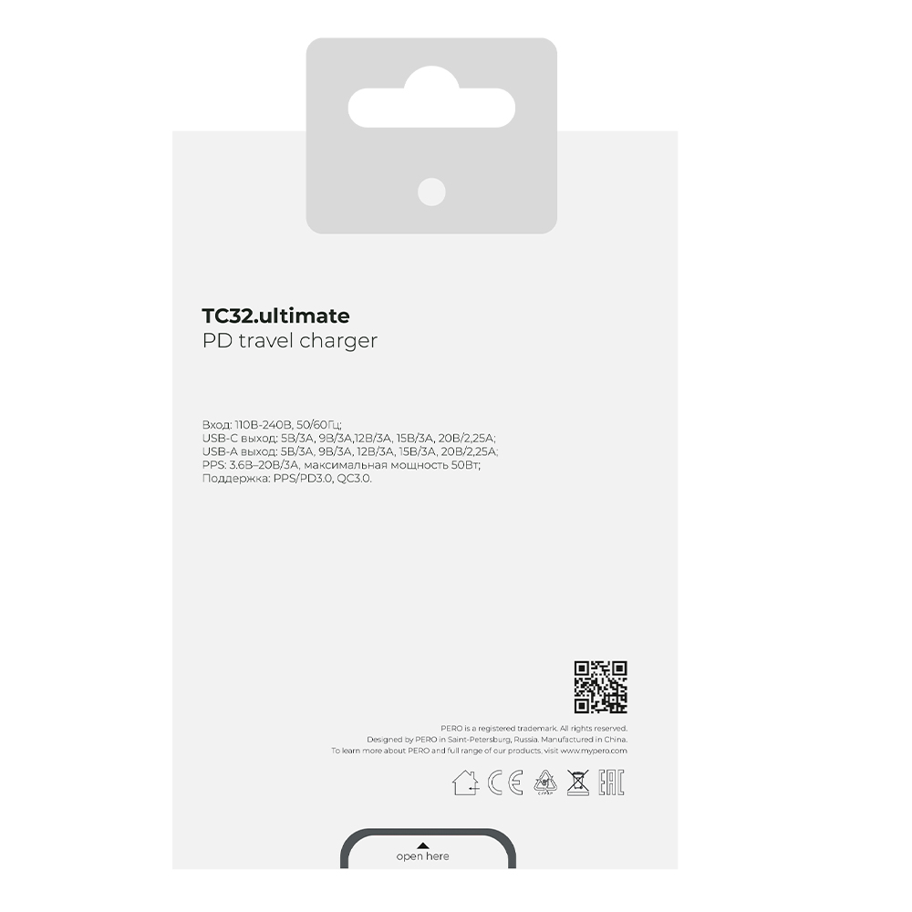 Сетевое зарядное устройство PERO TC32 Ultimate, USB-C PD + USB-A QC3.0, 50W