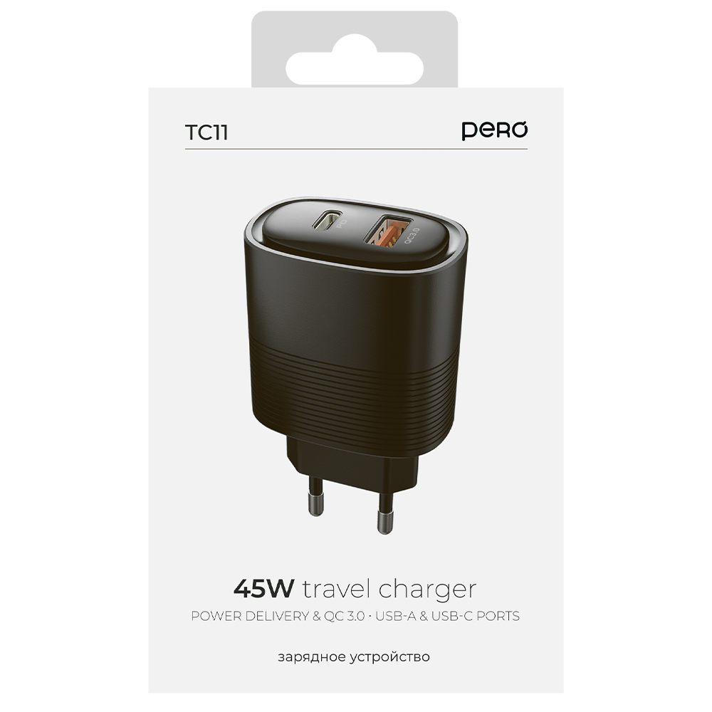Сетевое зарядное устройство PERO TC11, USB-A QC3.0 + USB-C PD, 45W
