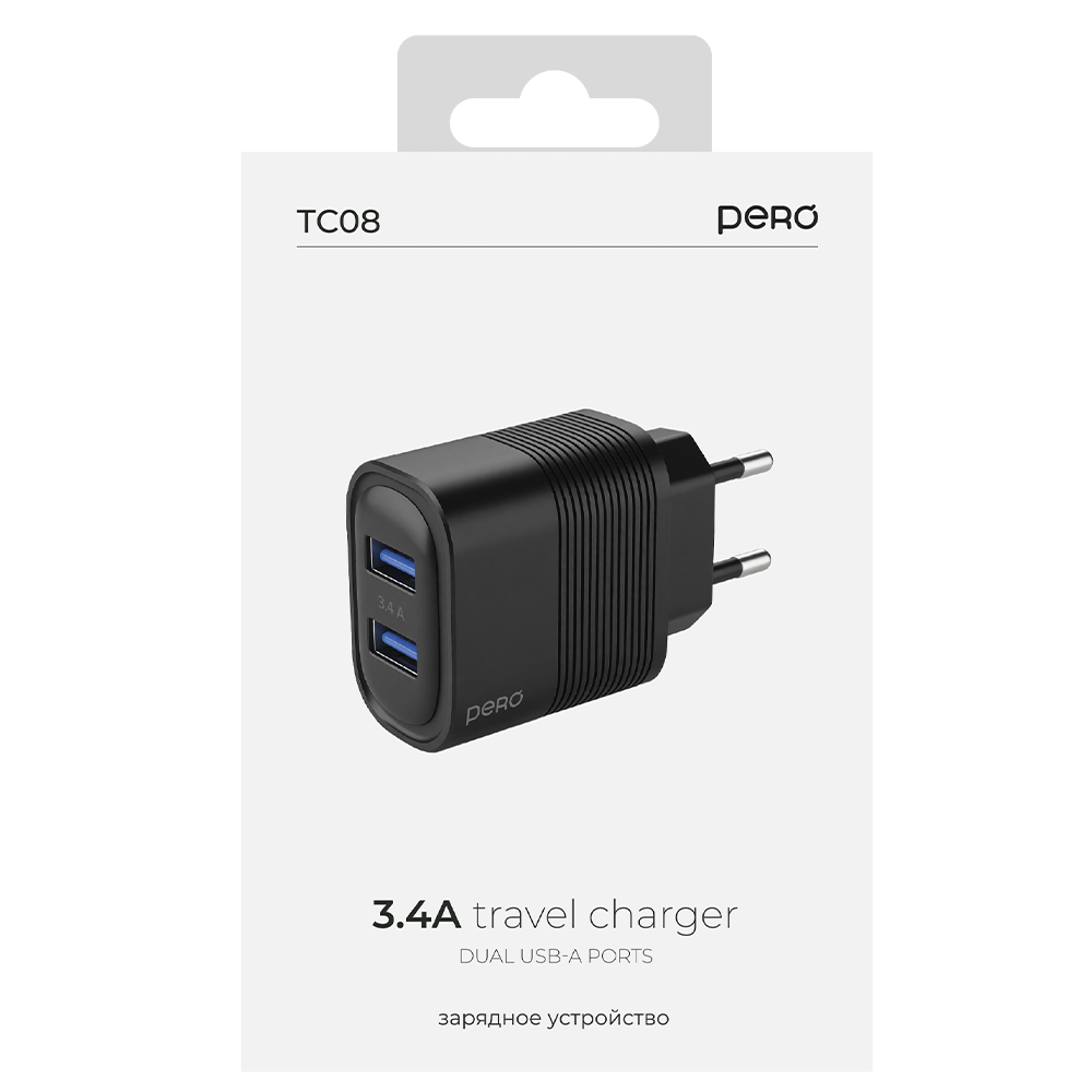Сетевое зарядное устройство PERO TC08 AUTO MAX, 2USB, 3.4 А