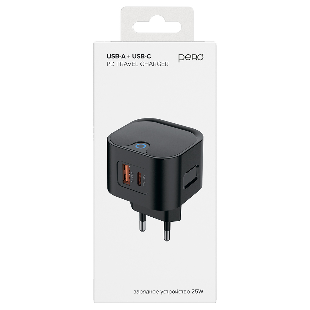 Сетевое зарядное устройство PERO TC21, USB-А QC 3.0 + USB-C PD, 25W