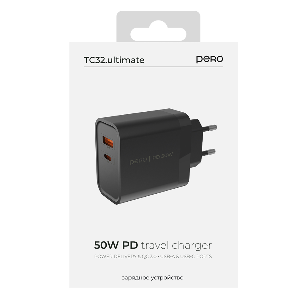 Сетевое зарядное устройство PERO TC32 Ultimate, USB-C PD + USB-A QC3.0, 50W