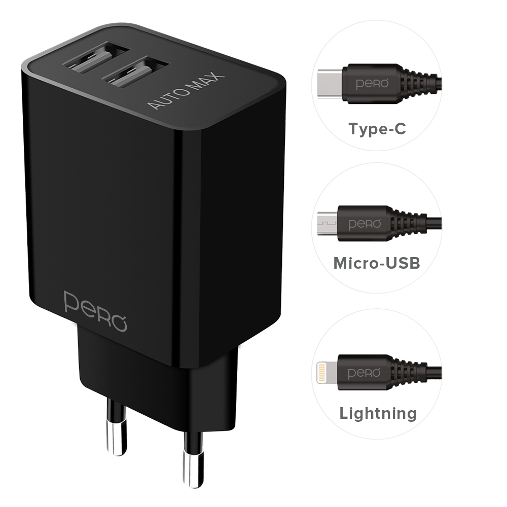 Сетевое зарядное устройство PERO TC02 COMBO, 2 USB, 2.1A c кабелем